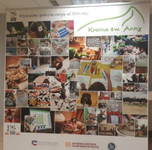Roll up o&nbsp;wymiarach 200cm x 200 cm zaweirający zdjęcia z&nbsp;r&oacute;żnych projekt&oacute;w w&nbsp;Ośrodku Działaj Lokalnie Kraina św. Anny