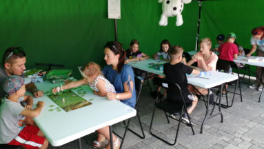 Zdjęcie przedstawia stoły ustawione w szeregu, przy których siedzą osoby grające w gry planszowe.