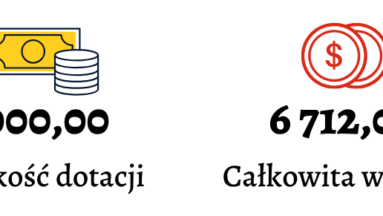 Inforgrafika przedstawia dwa punkty: Wysokość dotacji - 3 000,00 zł, całkowita wartość - 6 712,00 zł