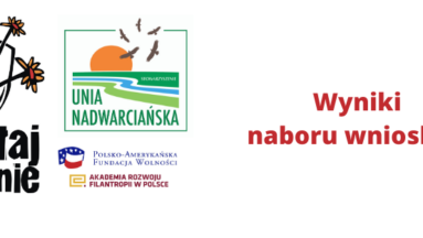 Grafika przedstawia logo Działaj Lokalnie i Stowarzyszenia Unia Nadwarciańska wraz z napisem: wyniki naboru wniosków