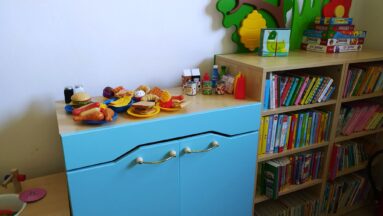 Na zdjęciu widać półkę z książkami i komodę na której stoją zabawki