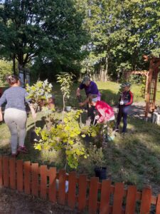 Praca rodziców z dziećmi Na zdjęciu widać rodziny pracujące w ogrodzie